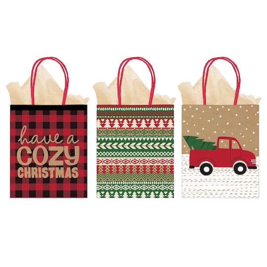Large Cozy Christmas Vertical Gift Bags, 3ct.